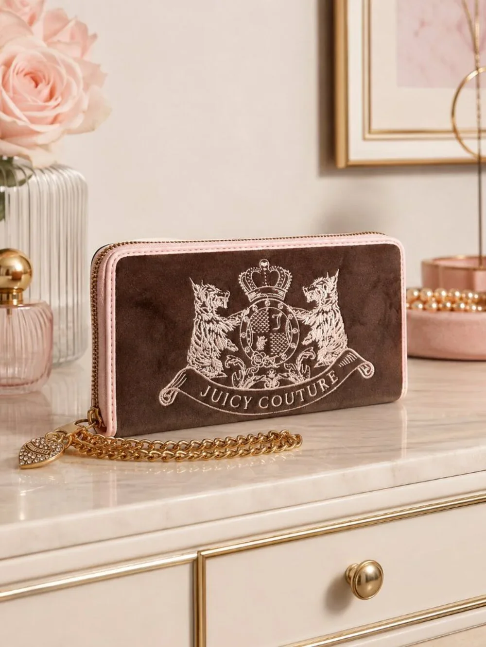 Juicy Couture Velour Zip Around Wallet Wristlet Brown Pink Chain NWT